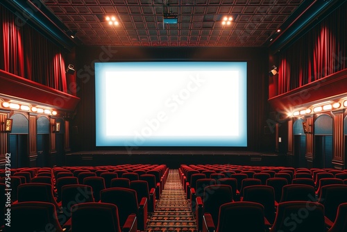 A cinema movie poster display mockup with a blank screen, in a theater lobby.