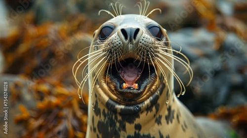 Close-up of a playful seal with a wide-open mouth and long whiskers, calling out on a rocky seashore.
