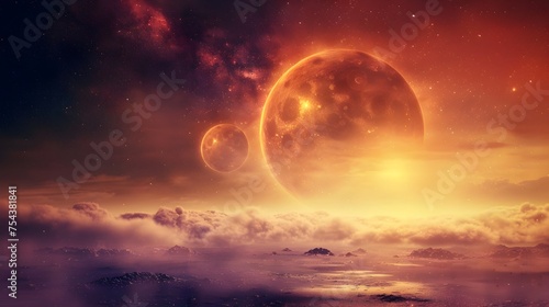 Fantasy Landscape with Two Planets and Foggy Sea, To provide a visually striking and unique background for various designs, such as website