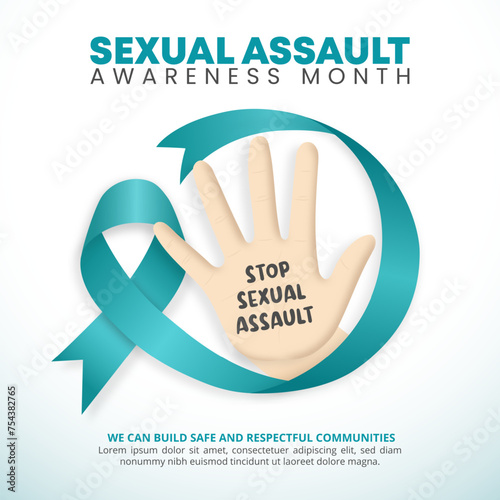 Square Sexual Assault Awareness Month background with a ribbon and stop hand