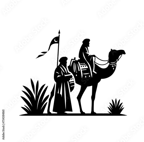 Nomad on riding camel monochrome isolated vector illustration