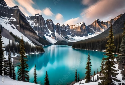 snow covered mountains,Beautiful turquoise waters of the Moraine lake with snow-covered peaks,Behold the breathtaking vista of Moraine Lake's mesmerizing turquoise waters set against snow-capped peaks