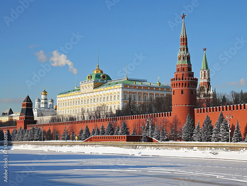 Iconic red brick walls of the Kremlin in Moscow, Russia, under a clear blue sky.