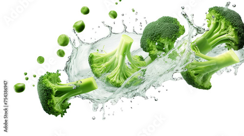 Broccoli rabe sliced pieces flying in the air with water splash isolated on transparent png. 