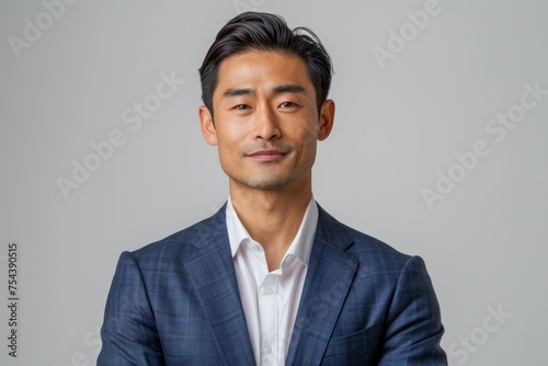 Professional Portrait of a Confident Asian Businessman in a Stylish Suit Posing against a Grey Background