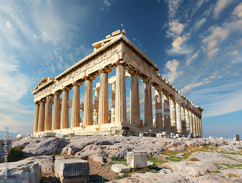 Iconic ancient Greek temple in Athens, featuring intricate columns against a clear blue sky.