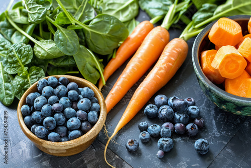Useful products for vision: blueberries in a wooden bowl, young spinach and carrots on a dark background. The concept of healthy eating and natural food