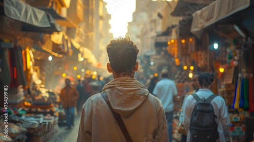 A Man Walking Through a Colorful Khan el-Khalili market in Cairo, Egypt