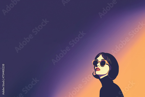 illustration de mode, portrait d'une femme brune, brunette, aux cheveux courts, portant des lunettes de soleil et un pull à col roulé, sur un fond dégradé violet orange avec espace négatif copyspace