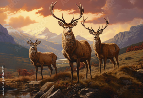 Herd of deer in the scottish highlands