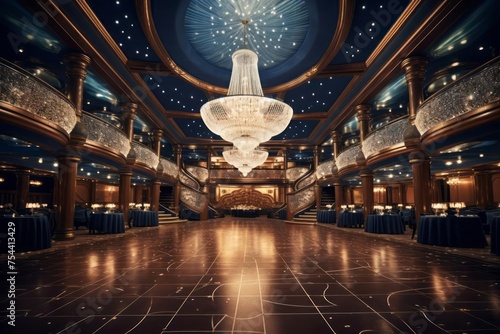 A journey through time aboard a meticulously restored vintage cruise liner. The grandeur of the ship's ballroom adorned with crystal chandeliers. The essence of nautical elegance.