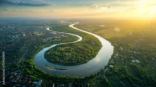 An aerial view of a river meandering through cities and forests