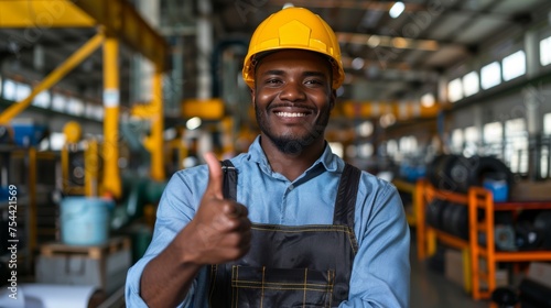 Portrait Shot of African-American engineer worker shows a thumbs up in the final stage of the reconstruction of the factory.Industrial Specialist in Metal Construction Manufacture