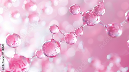 Delicate pink molecules float ethereally against a sparkling, bokeh background, suggesting scientific beauty and the subtlety of life's building blocks.