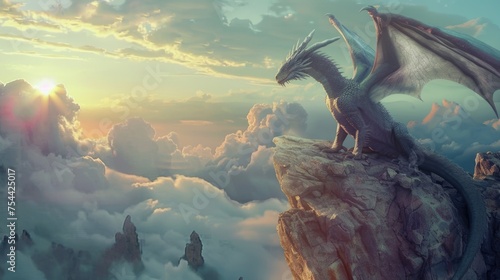 Big stunning white dragon sit on rock, high above the clouds. Mystical magical creature from fairy tale. Sky background. Monster from legends and myths. Mystery wild animal from old medieval times.