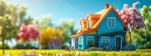 Charming miniature blue house with orange roof in a vibrant, colorful neighborhood surrounded by lush greenery and blooming flowers, under a sunny sky.