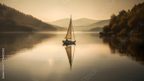 A solitary sailboat glides peacefully across the calm waters of a pristine lake. The early morning light bathes the scene in a soft