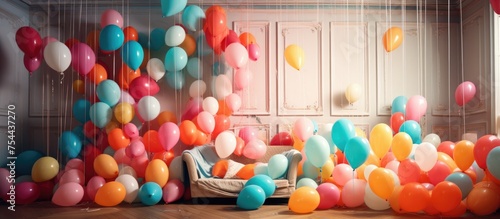 Numerous colorful balloons filling a room, floating in the air and creating a lively atmosphere.