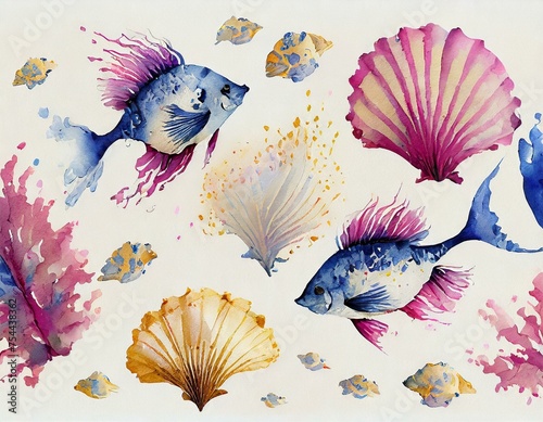 Kolorowy wzór z rybami i muszlami na białym tle, tapeta, ilustracja 