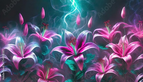 Kwiaty lilii w neonowych, opalizujących kolorach spowity mgłą na czarnym tle 