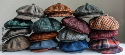 A variety of classic wool newsboy caps stacked in a pile on top of a table.