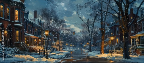A painting of a bustling city street covered in snow during the night, with glowing streetlights and people braving the cold.