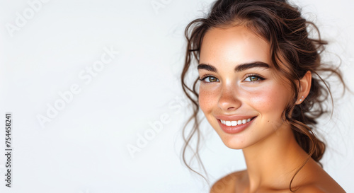Portrait of beautiful young adult brunette woman beauty model with tanned skin posing and smiling next to white background with copy space.