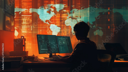 Silhouetted anonymous hacker with a hoodie against a backdrop of futuristic cyber security digital interface and code