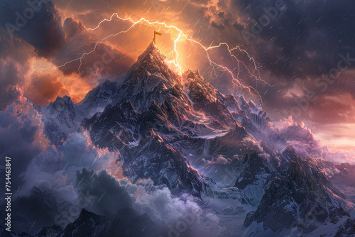 A mountain peak with a flag or a symbol on it and lightning striking it from above
