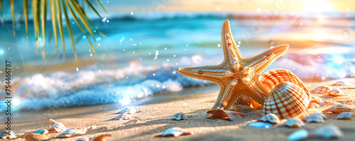 Sunlit beach with sparkling waves, starfish, a striped shell, scattered seashells, and palm leaves creating a vibrant summer atmosphere.