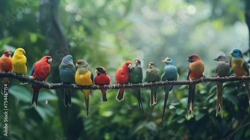 Colorful birds perched on a branch in the wild - A vibrant array of tropical birds perfectly lined up on a tree branch, showcasing nature's splendid color palette