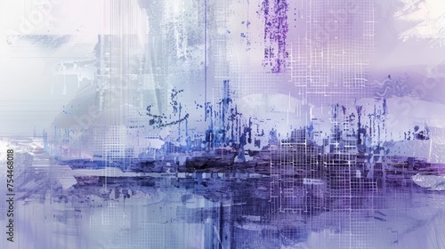 Digital abstract composition with a textured urban feel in blue and purple tones.