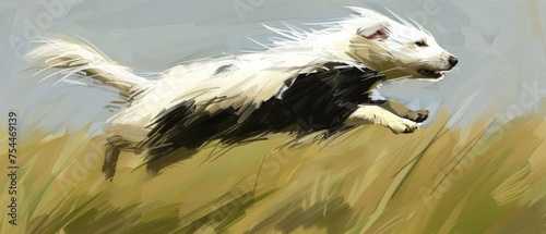  a digital painting of a white and black dog running in a field of grass with a blue sky in the background.