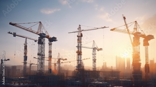 City skyline with construction cranes, ideal for urban development projects