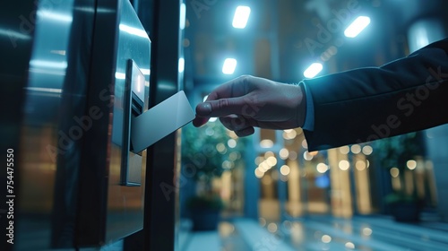 Hand holding a key card with access to secure facilities. Modern security concept.