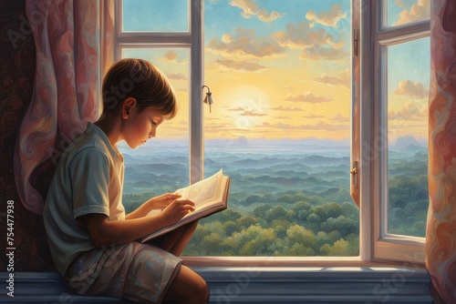 Menino lendo um livro ao lado de uma janela com uma linda paisagem.