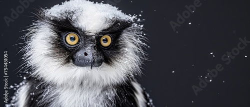  a close up of a black and white monkey with snow all over it's face and a black background.