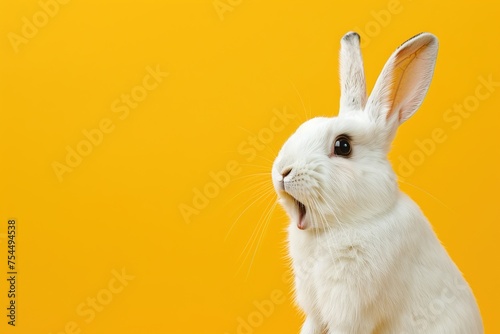 Surprised bunny against a vivid yellow background, perfect for Easter promotions, pet care advertising, or vibrant spring-themed graphics. Copy space for text. Easter sale, discount.