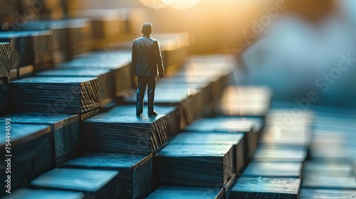 Solitary businessman on a vast staircase symbolizes career journey and progression