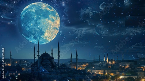 Behold the majesty of Ramadan's celestial spectacle as the moon rises over the horizon, casting its silvery glow upon the earth and illuminating the path of the faithful on their journey of spiritual 
