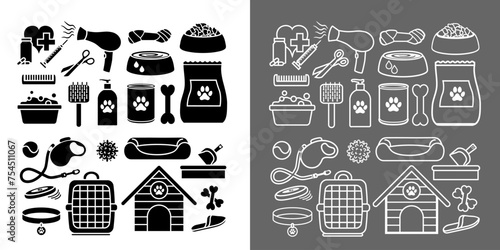 Série de pictogrammes d’objets pour les chiens dessinés en silhouette noire et en contour blanc.