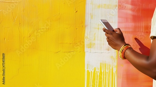 Młoda osoba trzymająca w ręku telefon komórkowy i przeglądająca zawartość ekranu przed tłem pomalowanym na trój kolorowy, żółty, biały i pomarańczowy