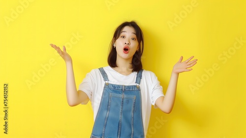 Kobieta w koreańskiej odzieży roboczej, zwanej ogrodniczkami, trzyma swoje ręce w górze z zaszokowaniem. Tło zółte.