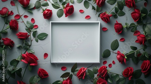 Biały ramka otoczona intensywnie czerwonymi różami, idealna na prezent walentynkowy. 
