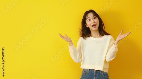 Kobieta w stylowym ubraniu stoi przed jasnożółtą ścianą. Jest skierowana twarzą do przodu i jest pozytywnie zaskoczona.