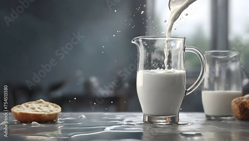 a milk being poured out from the pitcher on the glass table surface, best quality, cloudy gray background, digital HD art, highly detailed, concept art, ultra realistic digital illustration