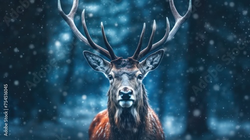 close up elk with snowfall background