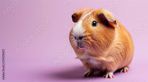 Regal guinea pig with dignified posture and inquisitive expression posed against a soft lilac background