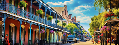 vibrant colorful new orleans french quarter street scene with blue sky