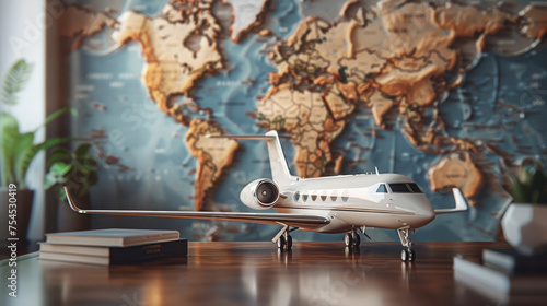 Illustration of a mock-up of a small jet plane in an office with a world map on the central wall as a symbol of strategy and planning to conquer the market